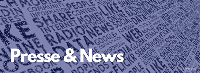 Titelbild: Illustration mit Begriffen zum Thema Medien, blaues Overlay, Beschriftung: Presse & News